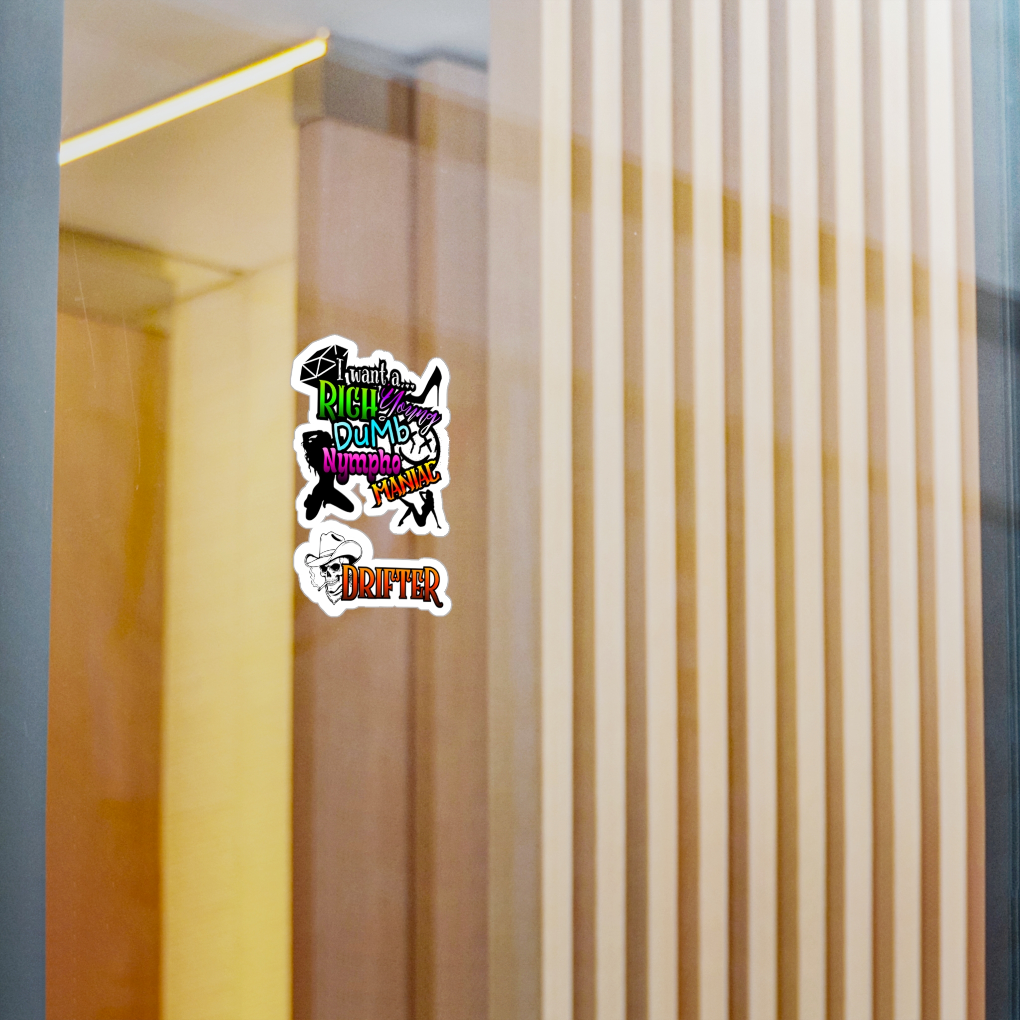 Kiss-Cut Vinyl Decal — Colorful 'I Want a Rich Young Dumb Nympho Maniac' & Drifter Skull Sticker - Image 3