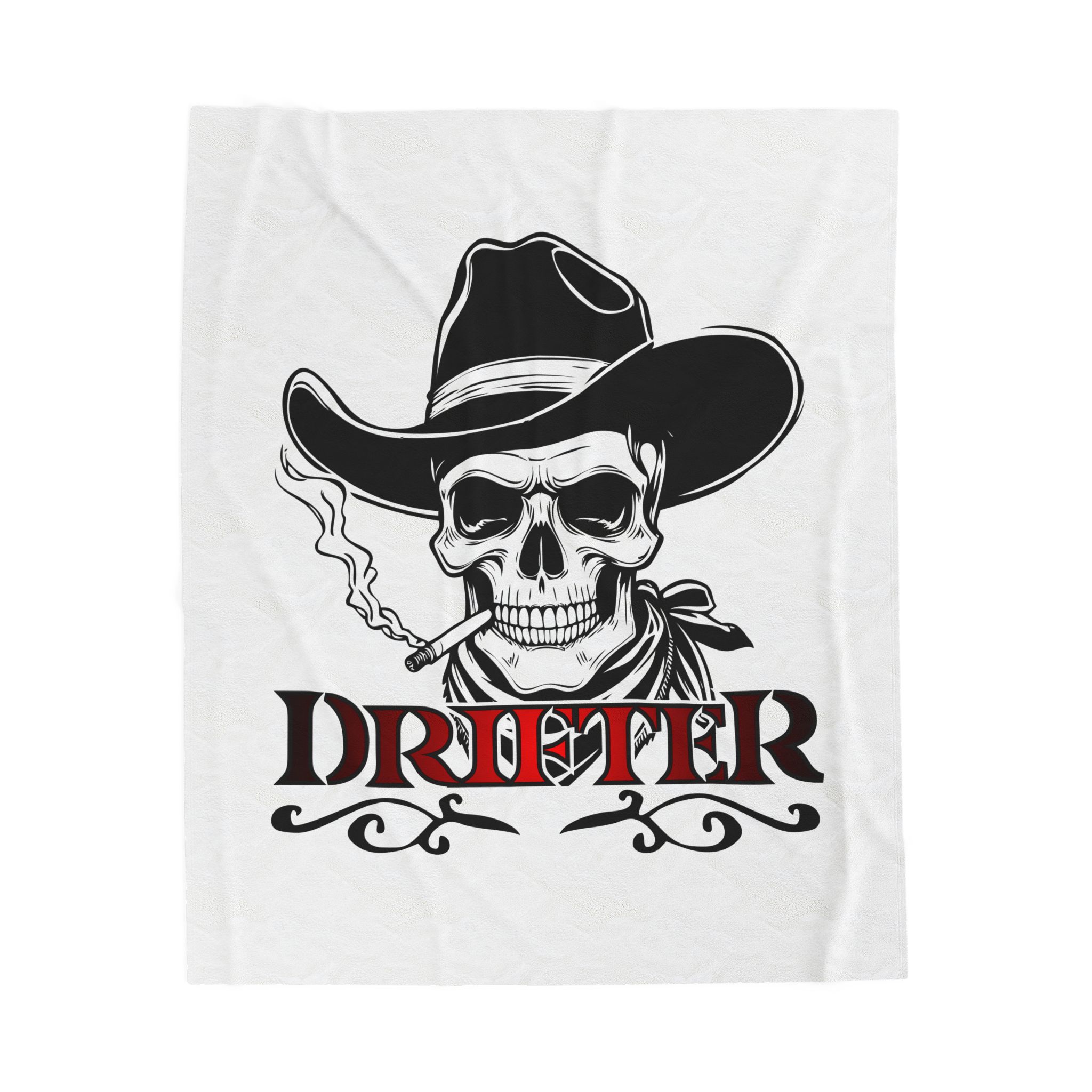 Drifter Skull Cowboy Velveteen Plush Blanket — Western Biker Skull Throw for Men