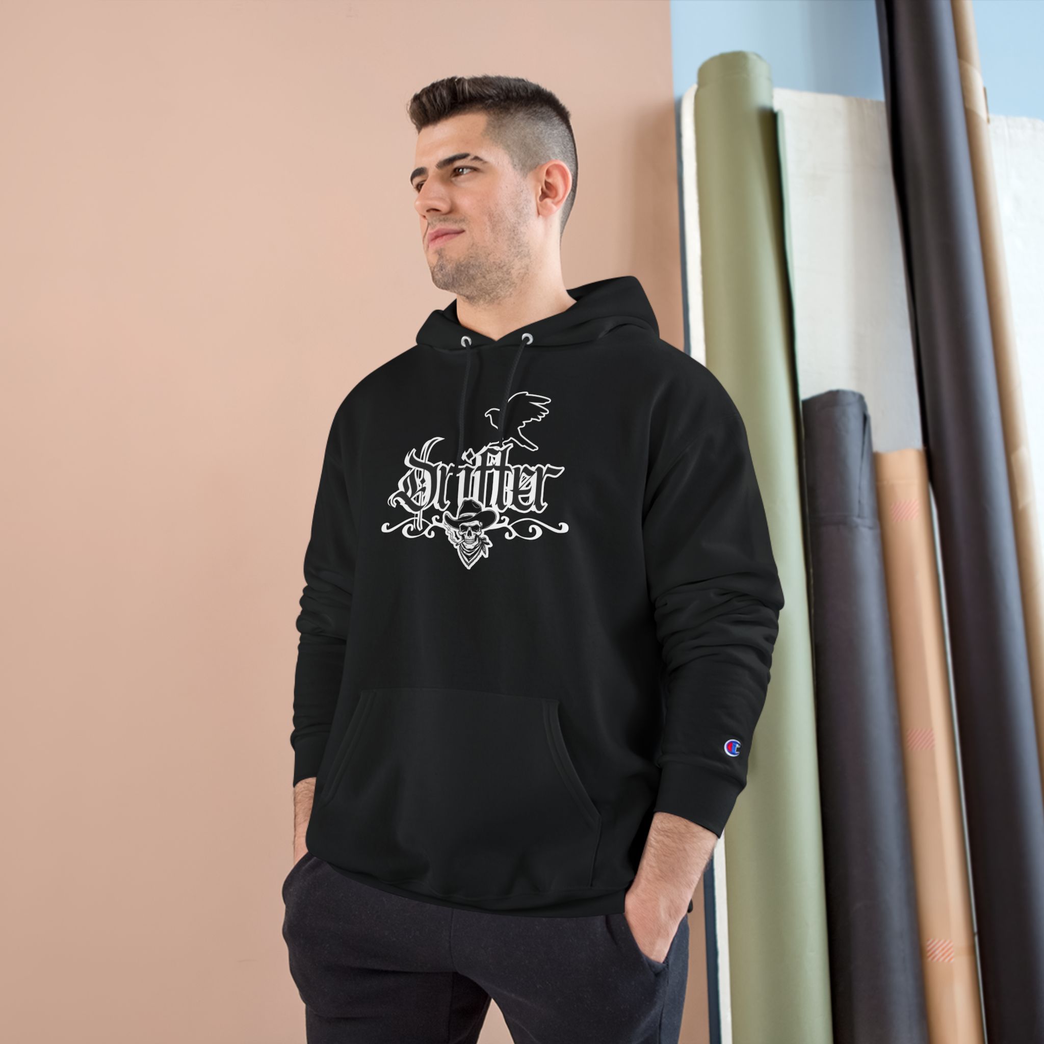 Hoodie — Gothic "Champion" Script with Crest Graphic