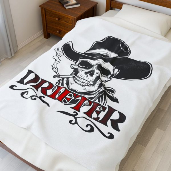 Drifter Skull Cowboy Velveteen Plush Blanket — Western Biker Skull Throw for Men