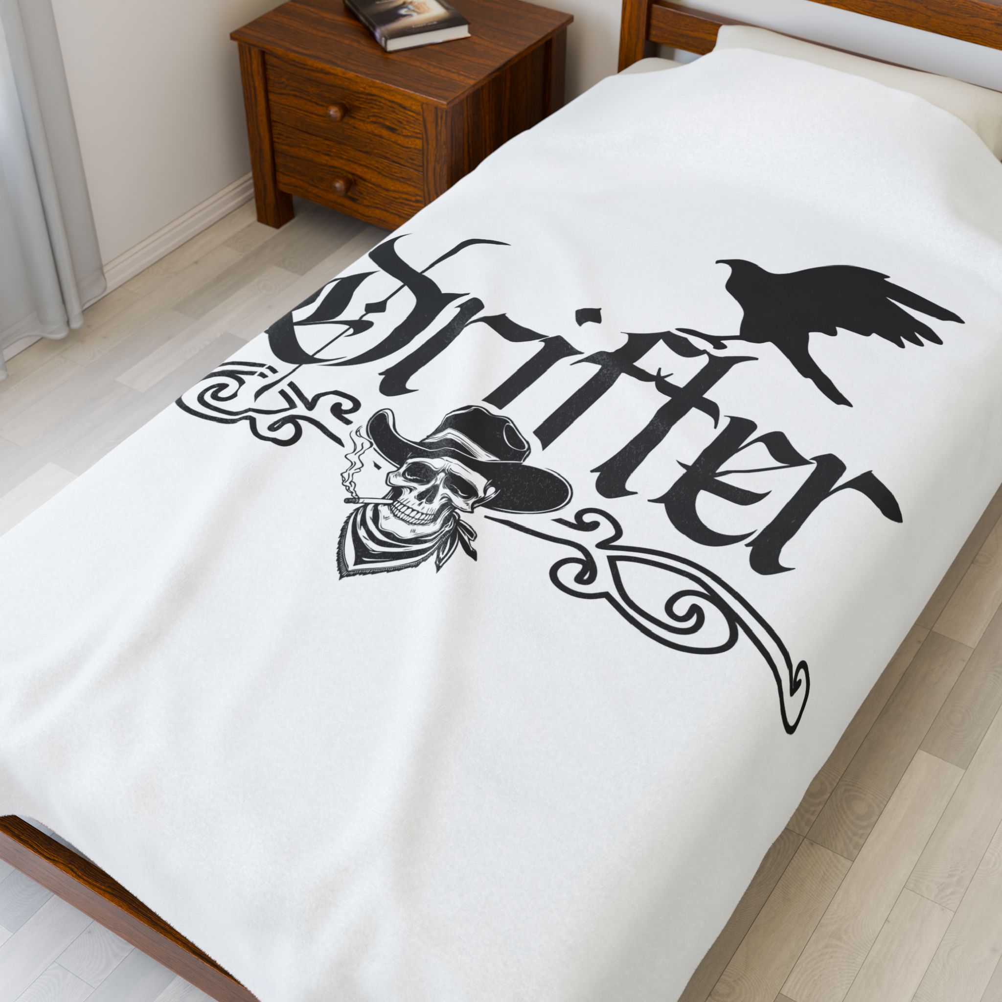 Drifter Velveteen Plush Blanket — Gothic Skull & Raven Decorative Throw - Image 2