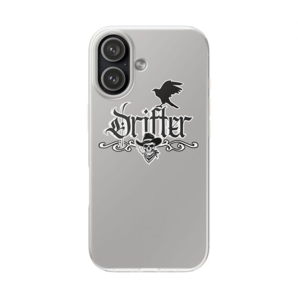Drifter Raven Phone Case — Clear Flexi Case with Gothic Script & Skull Design