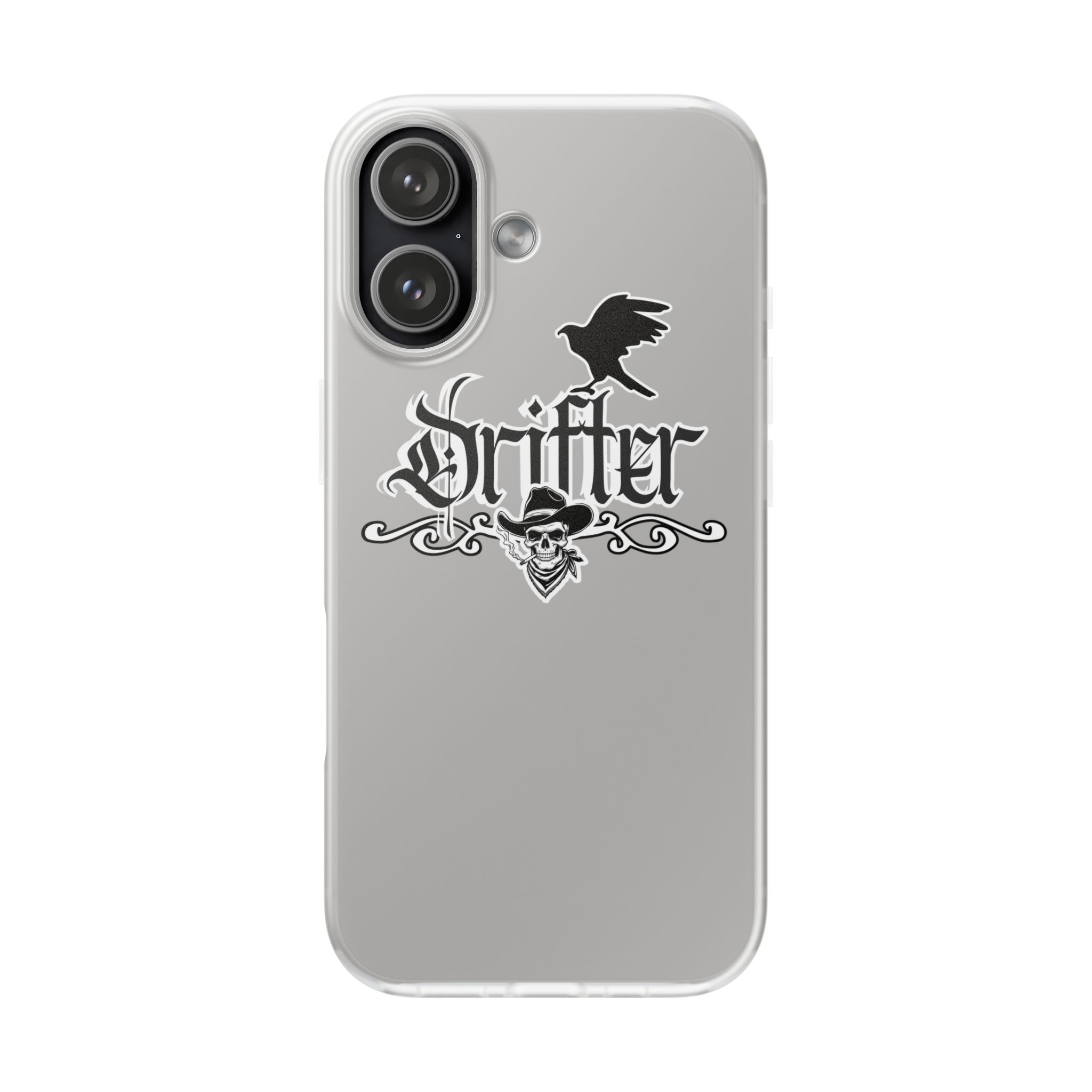 Drifter Raven Phone Case — Clear Flexi Case with Gothic Script & Skull Design